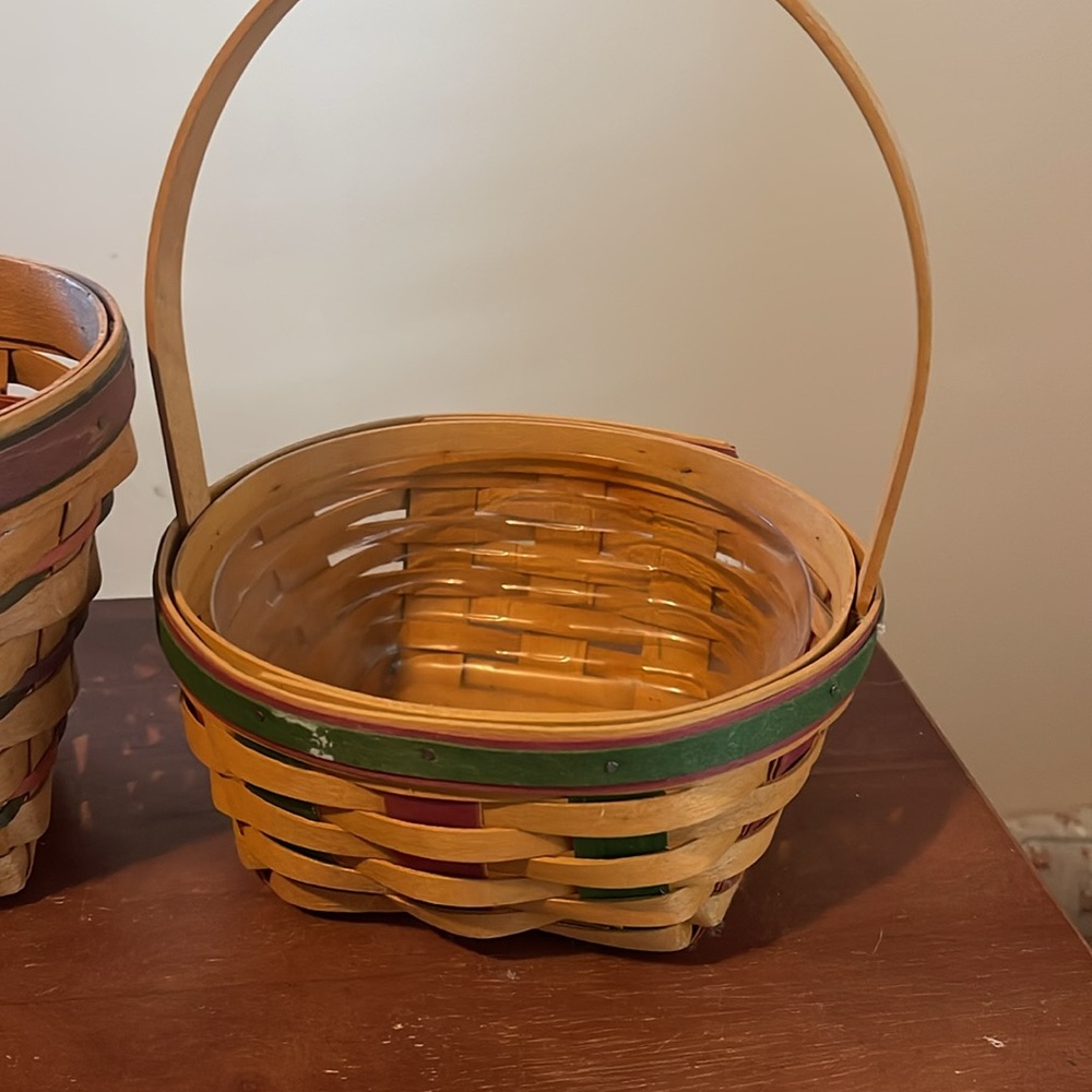 2- Longaberger Baskets W/ Red & Green Strips 1999 & 1995 w/Plastic Liner - Picture 3 of 5